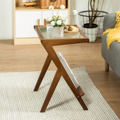 Boho Rattan Bamboo Glass Side Table with Storage, Brown