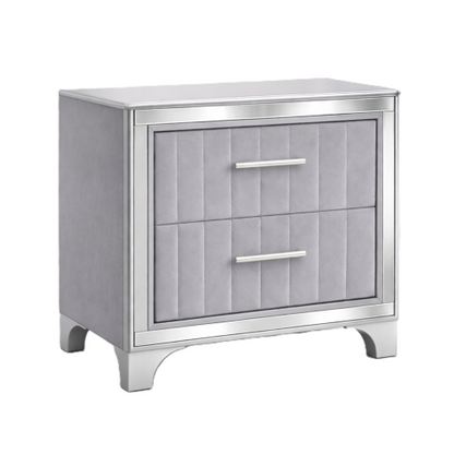 Contemporary Acrylic Nightstand with Two Drawers, Upholstered Bedside Table Featuring Silver Metal Legs, Modern End Table for Bedroom or Living Space (22.64inch  W x 15.75inch  D x 24.13inch  H)