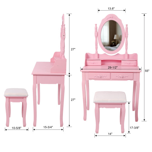 Pink Princess Vanity Desk Set with Mirror & Cushioned Stool, 4-Drawer Wooden Makeup Vanity Table for Girls' Bedroom, Dressing Table with Ample Storage