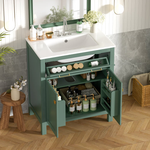 30-inch Bathroom Vanity with Ceramic Sink, Modern Green Single Bathroom Cabinet with 2 Doors and a Shelf, Soft Close Doors