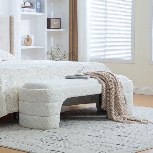 64.96inch Wide Modern Upholstered Armless Upholstered Bedroom Benches End of Bed Bench for Entryway, Ottoman Foot Stool for Living Room and Bedroom, Entryway,White Boucle
