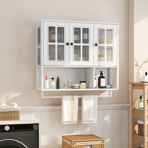 Bathroom Wall Cabinet, 3-Door Wooden Wall Cabinet with Open and Hidden Storage Space, Medicine Cabinet with Glass Door and Towel Bar for Entryway Living Room Bathroom Dining Room,White