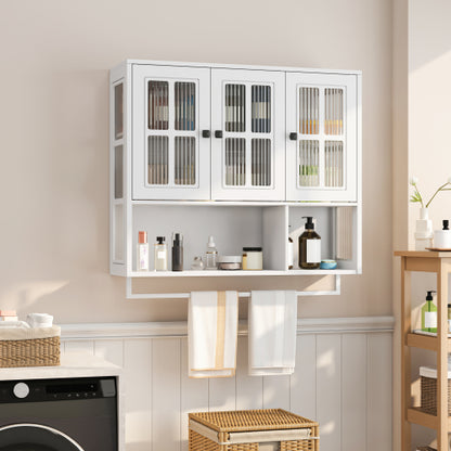 Bathroom Wall Cabinet, 3-Door Wooden Wall Cabinet with Open and Hidden Storage Space, Medicine Cabinet with Glass Door and Towel Bar for Entryway Living Room Bathroom Dining Room,White