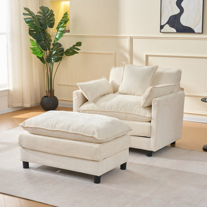 39.4 inch  Beige Chenille Modern Accent Chair with Ottoman, Solid Wood Frame