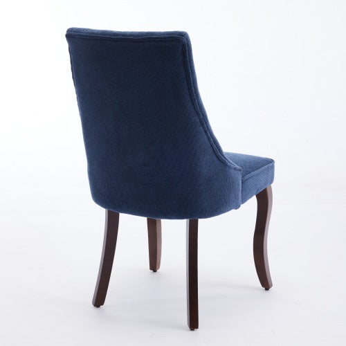 Set of 2 Blue Rayon Flocking Linen High Back Dining Chairs, Curved Solid Wood Legs Adjustable Leveling Feet