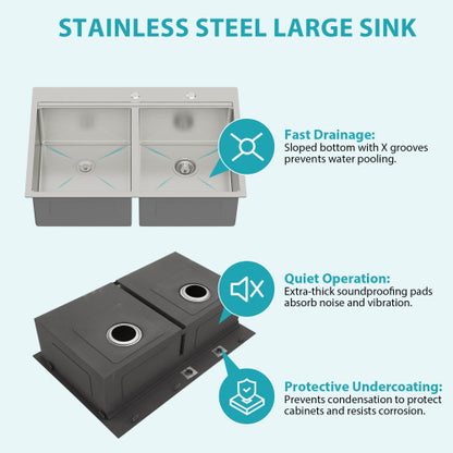 Topmount Drop in Kitchen Sink - 33" x 22" x 10" Double Bowl (50/50) Kitchen Sink 16 Gauge with Two 10" Deep Basin, Brushed Nickel