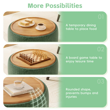 29 Inch Green Chenille Round Storage Ottoman, Reversible Tray Lid Ottoman with Rubberwood Base, No Assembly Needed