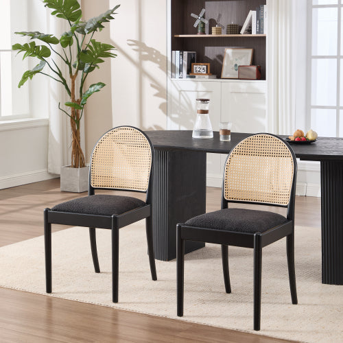 Set of 2 Rattan Dining Chairs with Teddy Upholstered Seat, Wood Legs, Black Kitchen Chairs