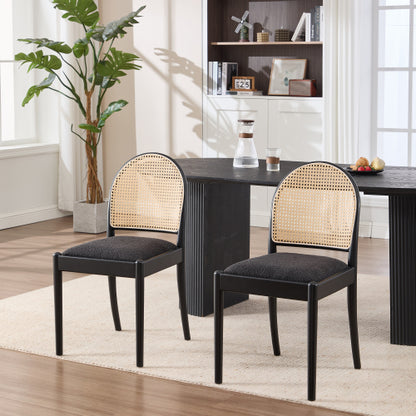 Set of 2 Rattan Dining Chairs with Teddy Upholstered Seat, Wood Legs, Black Kitchen Chairs
