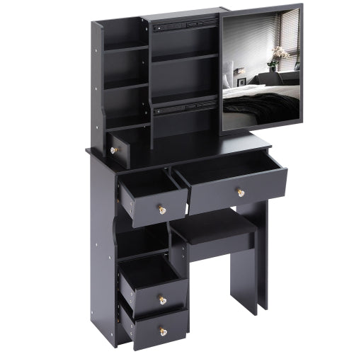 29.2" Small Space Left Drawer Desktop Vanity Table + Cushioned Stool, Extra Large Right sliding mirror, Multi Layer High Capacity Storage, Practical Fashionable Dresser, Suitable For Small Space