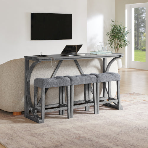 59 Inch Industrial Wood Bar Table Set with Charging Station, 4-Piece Brown Linen Upholstered Stools Dining Set
