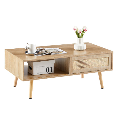 41.34inch  Rattan Rectangular Coffee Table with Sliding Door, Natural