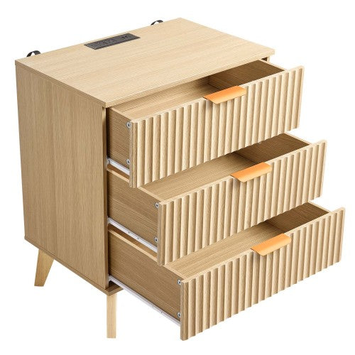 Khaki Mid-Century Fluted Nightstand with Charging Station