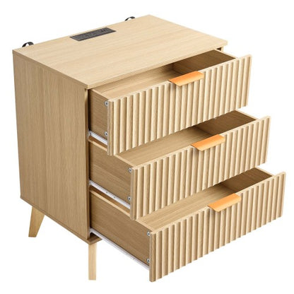 Khaki Mid-Century Fluted Nightstand with Charging Station