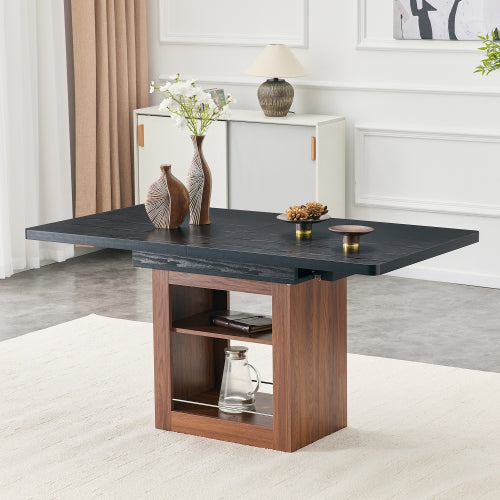 Expandable MDF Dining Table with Storage, Black Tabletop