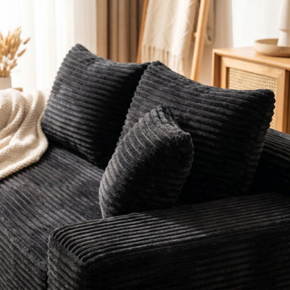 Black Corduroy Leg-Free Floor-Hugging Compressed Armless 2-Seater Loveseat Sofa for Small Apartment Living-Room