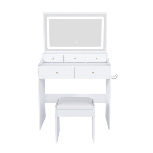 New Large Mirror Vanity Desk for Bed room  , Modern Makeup Vanity Set with Power Outlet and Hair dryer holder, 5 Drawers , 3 Lighting Color Adjustable Dressing Table for Bedroom, White Color