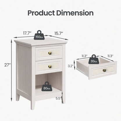 17.7" White Rattan Nightstand - Boho Bedside Table w/ 2 Drawers & Shelf