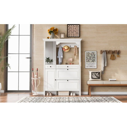 54.7 inch Hall Tree with Integrated Shoe Cabinet and Mirrored Cabinet Door, Coat Hanger, Entryway Bench, 4-in-1 Design, 2 Flip Drawers, 4 Hooks and 2 Cabinets for Entrance,Living Room