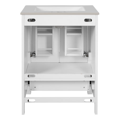 24-inch bathroom vanity with integrated undermount basin and a storage cabinet featuring 2 doors and 1 drawer. Includes double-layer door shelf, soft-close design, and versatile storage solutions