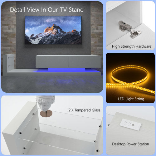 70 Inch White Modern LED TV Stand with Power Outlet Tempered Glass Entertainment Center for 75 Inch TV