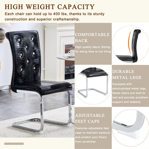Set of 2 Retro Faux Alligator Skin Dining Chairs, PVC Leather Chairs with Crystal Buckle & Electroplated Metal Legs