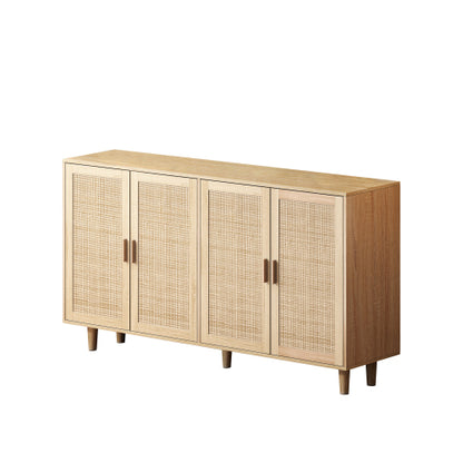 62.2 Inch Natural Rattan Four-Door Storage Cabinet Particle Board Solid Wood Leg Adjustable Shelf Household Sideboard Cabinet