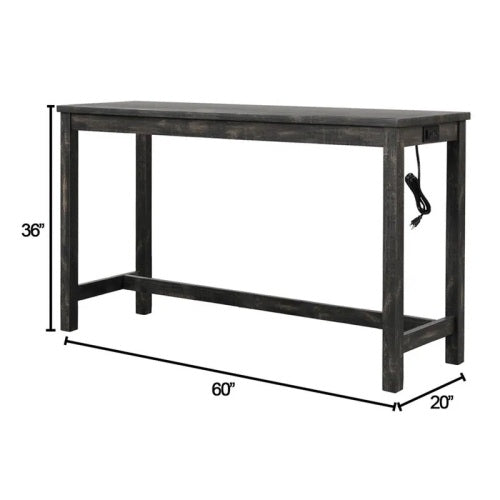 3-Piece Charcoal Black Counter Height Dining Set, Solid Wood Table with Outlet & 2 Tufted Linen Stools