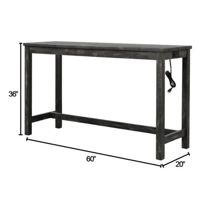 3-Piece Charcoal Black Counter Height Dining Set, Solid Wood Table with Outlet & 2 Tufted Linen Stools