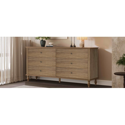 6 Drawer Double Wide Wood Dresser with Soft Close Slides & Burnt Wood Finish Brown