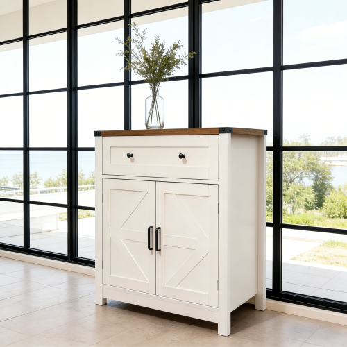 White & Wood-Grain Top Farmhouse Barn-Door Storage Cabinet, Coffee Bar Buffet Sideboard with Drawer for Kitchen & Living Room