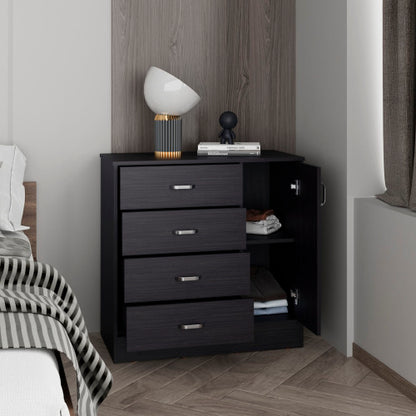 Four Drawer, One Door Dresser With Spacious Storage, Modern Bedroom Organizer, Black
