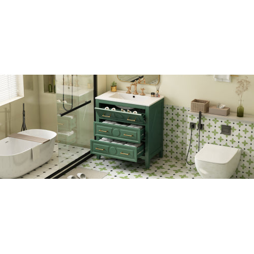30'' Bathroom Vanity with Ceramic Sink Combo, Free Standing Single Vanity Set with 3 Drawers, Solid Wood Frame Bathroom Storage Cabinet, Green