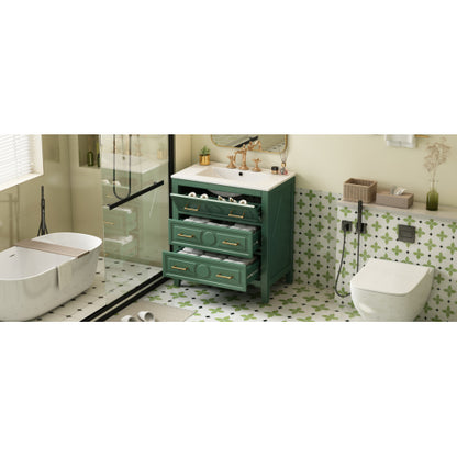 30'' Bathroom Vanity with Ceramic Sink Combo, Free Standing Single Vanity Set with 3 Drawers, Solid Wood Frame Bathroom Storage Cabinet, Green