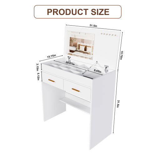 White Flip Top Vanity Desk with LED Lighted Mirror & Built-in Outlet, 2 Drawers, Open Storage, Jewelry Hooks