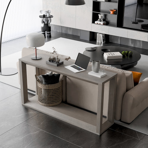 60 inch Rectangular Solid Wood Veneer Console Table, Wide Sofa Table,  Behind Couch Table with Ample Storage for Entryway & Living Room, Distressed Grey