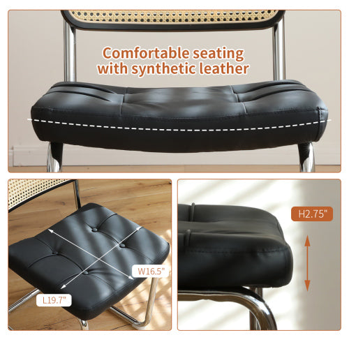 Dining Chairs Set of 2, Faux Leather Rattan Side Accent Chairs with Chrome Legs, Modern Mid Century Breuer Designed Chairs, Black