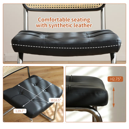 Dining Chairs Set of 2, Faux Leather Rattan Side Accent Chairs with Chrome Legs, Modern Mid Century Breuer Designed Chairs, Black