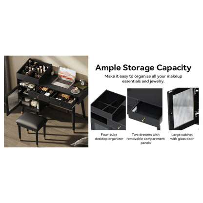 Black Space Saving Vanity Desk Set with Stool, Built?in Charging Station, Drawers & Tempered Glass Cabinet