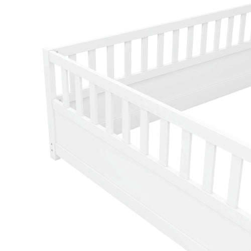 Full size  Floor bed, integral construction with super high security barrier, door, children's floor bed frame, Montessori wooden children's floor bed, white
