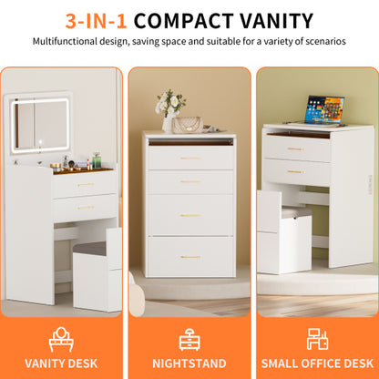 3 in 1 Vanity Desk with open Top Mirror,Make Up Vanity Set with Visible Glass Desktop,Compact Makeup Vanity with 3 Drawers and stool,Dressing Table for Bedroom