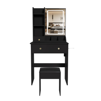 Black Small Vanity Desk w/ LED Mirror, 3 Drawers, Open Shelves, Power Socket, Hair Dryer Holder & Dressing Chair