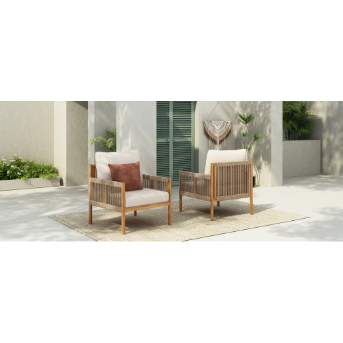 [Set of 2] Modern Outdoor Woven Lounge Chair with Solid Wood Frame and Comfortable Polyester Cushions, Perfect for Patio, Garden, or Balcony