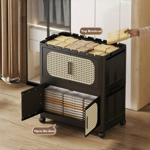 Retro Black 4 Tier Folding Storage Cabinet with Wheels Collapsible Magnetic Door 20 Inch