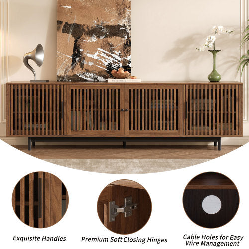 78.7 inch Walnut Slatted Door TV Stand Solid Rubber Wood Leg Media Console Holds 85 inch TV