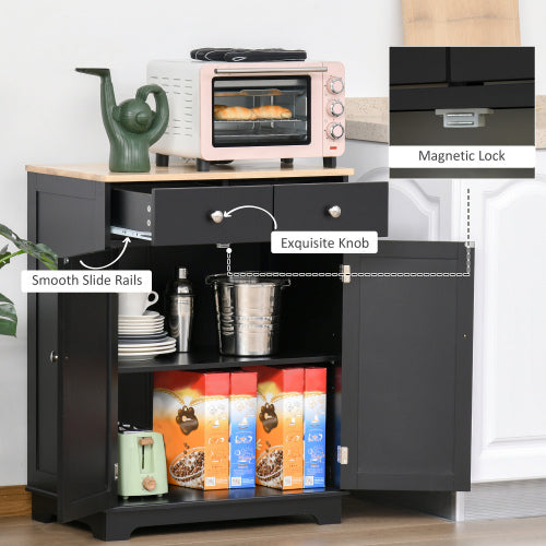 Sideboard with Solid Wood Countertop, Modern Kitchen Storage Cabinet, Coffee Bar Cabinet with 2 Drawers, Doors and Adjustable Shelf, Black