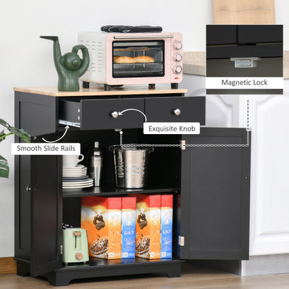 Sideboard with Solid Wood Countertop, Modern Kitchen Storage Cabinet, Coffee Bar Cabinet with 2 Drawers, Doors and Adjustable Shelf, Black