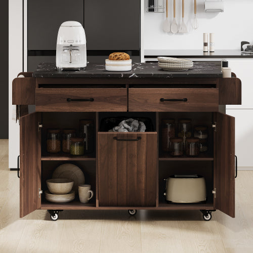 Walnut Brown Rolling Kitchen Island Cart With Trash Can Storage