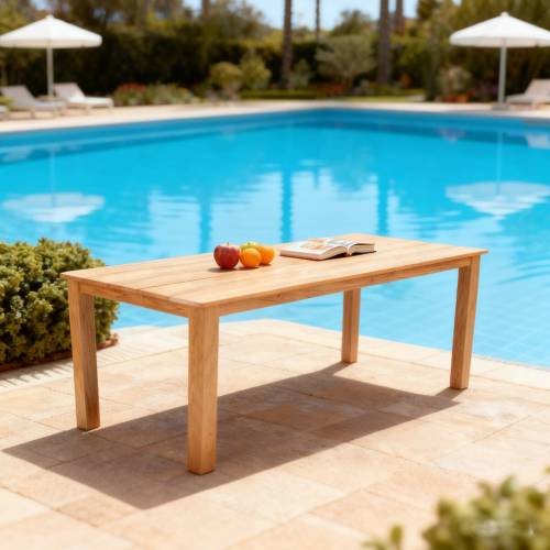 A wooden-textured imitation wood dining table, simple yet with a high quality feel. It has a small tabletop and is perfect for outdoor picnics. It is made of teak wood, measuring 68.9 inches.