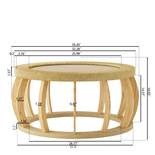 35.43inch  Round Vintage Rattan Coffee Table Solid Wood Boho Curved Leg Accent